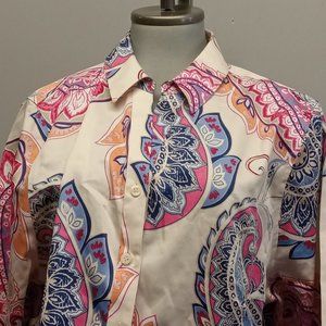 Chicos blouse no iron sateen caroline western paisley full button cream NWT sz 3